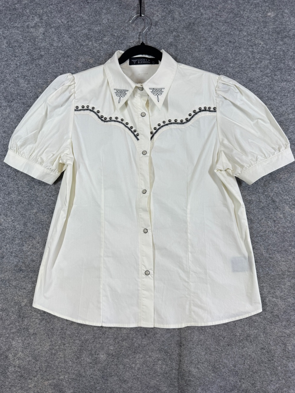 Vintage Inspired Ivory Short Sleeve Western Blouse Studded Cowgirl Top Rodeo